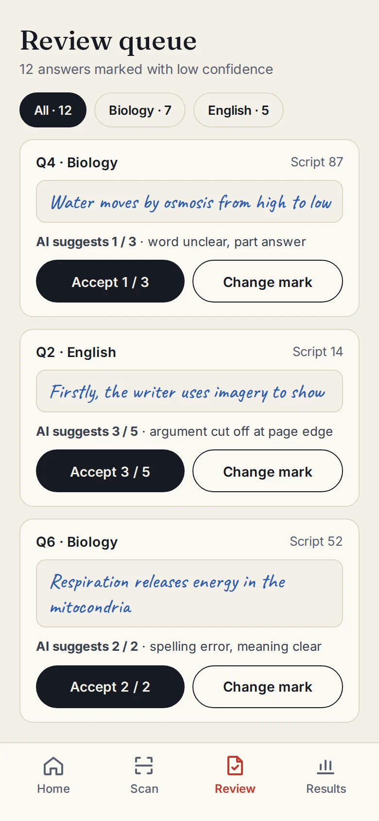 Alama review queue with flagged answers